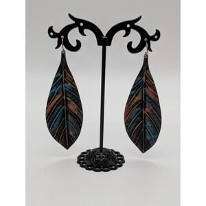 Unsigned Patina Leaf Drop Earrings Multi-Color Textured Metal Nature Dangle